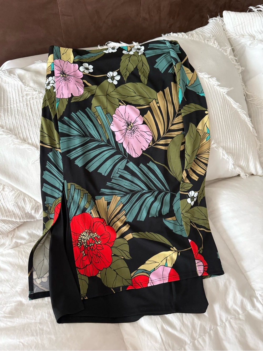 Guess Black Asymmetrical Floral Skirt with Red and Pink Blooms